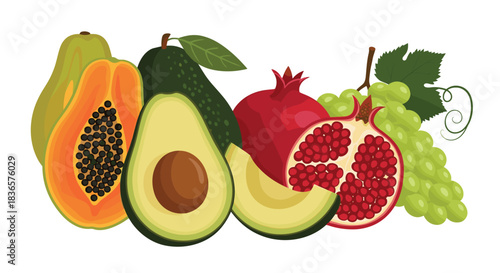 Vibrant composition of fresh and healthy tropical and exotic fruits including papaya, avocado, pomegranate, and green grapes.