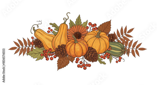 Beautiful autumn arrangement of hand-drawn pumpkins, gourds, pine cones, and fall leaves perfect for Thanksgiving decorations.