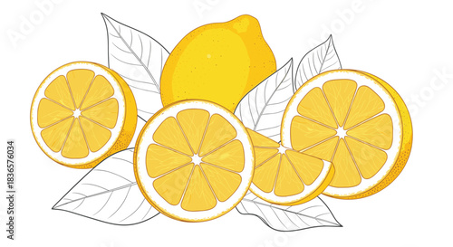 Fresh composition of vibrant yellow lemons, both whole and sliced, contrasted with delicate black and white leaf line art.