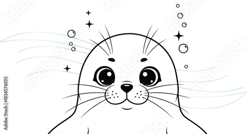 Adorable black and white coloring page illustration of a cute baby seal with big eyes peeking out of the water with bubbles.