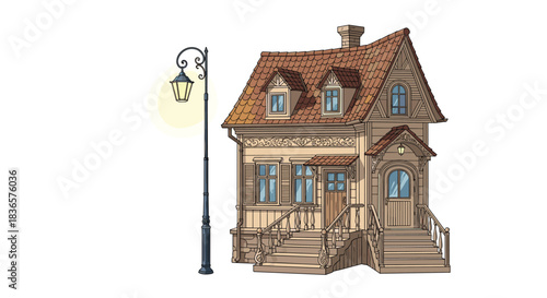 Charming hand-drawn illustration of a vintage two-story house with a tiled roof next to a glowing old-fashioned street lamp.