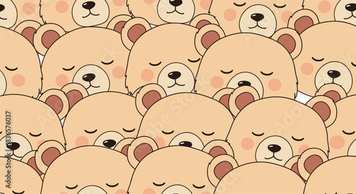 Adorable and crowded seamless pattern completely filled with the cute, sleeping faces of cartoon teddy bears with rosy cheeks.