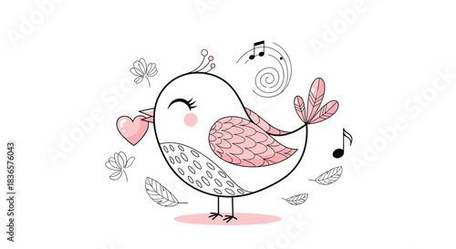 Adorable doodle of a cute bird holding a pink heart in its beak while singing, surrounded by leaves and musical notes.