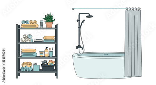 Modern bathroom interior scene with a bathtub, shower curtain, and a shelving unit with towels, toiletries, and a plant.