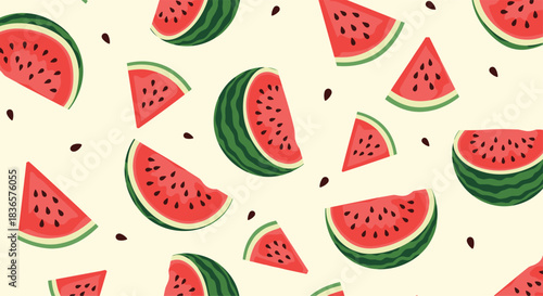 Refreshing seamless summer pattern with juicy red watermelon slices, wedges, and black seeds on a pale yellow background.