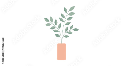 Minimalist flat design illustration of a simple green plant with delicate leaves in a pastel pink vase, isolated on white.