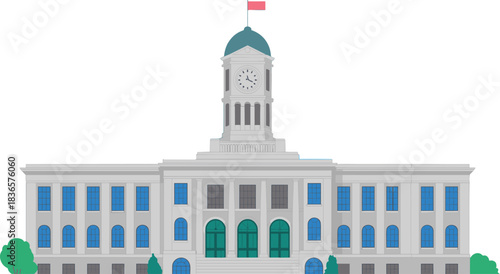 Government building with clock tower, classical architecture illustration, courthouse or city hall design, symmetrical institutional landmark, civic structure, urban planning concept