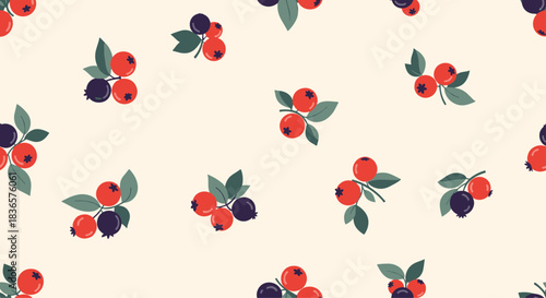 Charming seamless pattern with cute, stylized clusters of red and blue berries with green leaves on a light cream background.