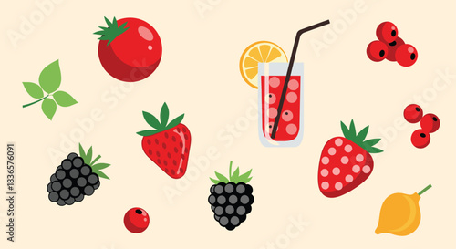 Collection of fresh red fruits and berries, including strawberries, blackberries, and a glass of juice, in a flat design style.