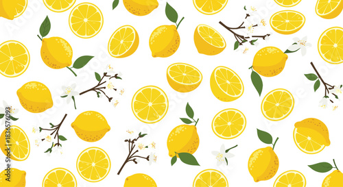 Bright and fresh seamless pattern with whole lemons, juicy slices, and delicate white blossoms on a clean white background.