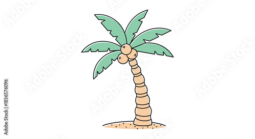 Simple and cute hand-drawn doodle of a tropical coconut palm tree on a small sandy island, isolated on a white background.