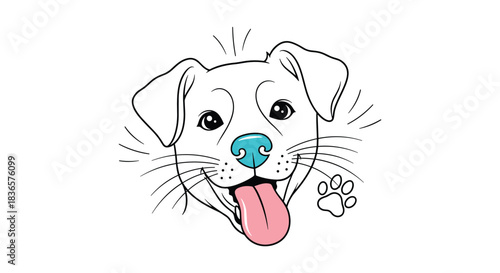 Cheerful line art drawing of a happy dog's face with a blue nose and pink tongue, waving with a cute paw print.