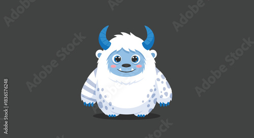Cute cartoon yeti with blue horns and rosy cheeks, standing against a dark gray background.
