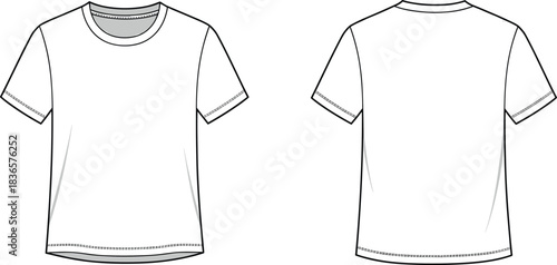 Classic crew neck t-shirt front and back view, clean apparel template outline, minimalist fashion flat sketch design, cad drawing flat vector illustration