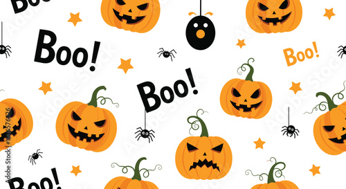 Seamless Halloween pattern with jack-o'-lanterns, spiders, and.