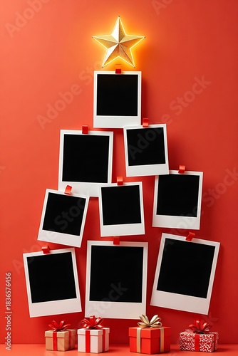 Christmas photo collage template showcasing a Christmas tree made of arranged empty black polaroid photo frames topped with golden star surrounded by giftboxes against red background