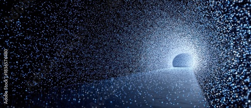 Abstract digital tunnel of shimmering blue and white luminous particles, representing futuristic technology, data flow, and virtual connectivity