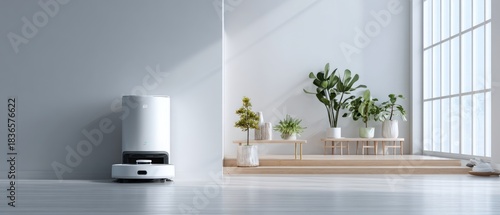 Modern minimalist interior with white robotic vacuum cleaner, potted plants, and natural light