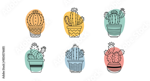 Collection of six illustrated potted cacti in various shapes and colors with abstract oval backgrounds.