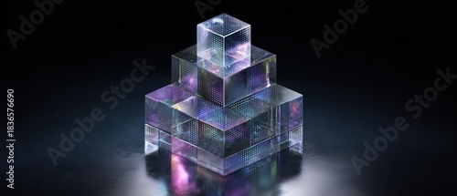 Fototapeta Naklejka Na Ścianę i Meble -  Luminous abstract geometric pyramid of interconnected transparent cubes with iridescent light reflections