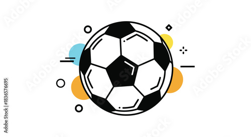 A minimalist illustration of a soccer ball with colorful circles and abstract shapes surrounding it.