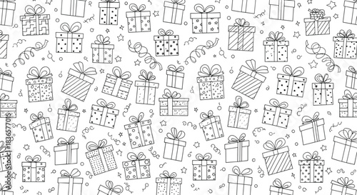 Seamless pattern of hand-drawn gift boxes with bows and confetti for celebrations.