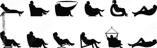 People Relaxing in Chairs Silhouettes Collection, Leisure and Comfort, Diverse Men and Women Sitting in Hammocks and Recliners