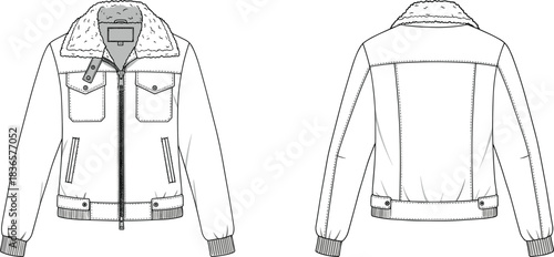 Shearling collar bomber jacket, technical fashion flat sketch, detailed outerwear design front and back views, winter apparel template, cad drawing flat vector illustration
