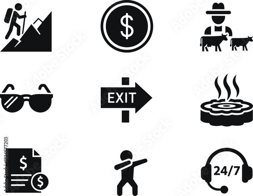 Icon, silhouette, posture, gesture, hiking, coin, cow, farmer, sunglasses, exit, pie, finance, dab, headset, support, grid, vector, black, pose, flavector