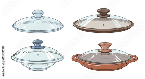 Collection of four glass pot lids with different colored handles and pot styles.