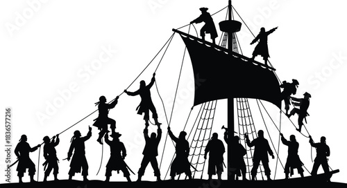 Pirate, ship, silhouette, posture, gesture, sail, rope, crow’s nest, coat, hat, sword, crew, climb, point, setup, maritime, vector, black, pose, 