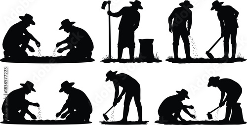 Seed, planting, activity, silhouette, posture, gesture, hoe, soil, kneel, stand, hat, rural, farm, cultivate, setup, agriculture, tradition, vector, black, pose, flavector