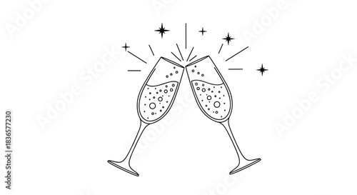 Two champagne glasses clinking together with sparkling bubbles and starbursts.