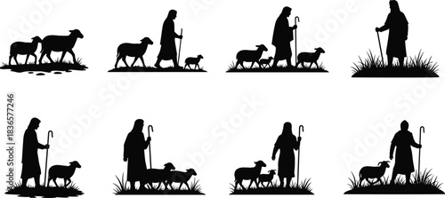 Shepherd, sheep, silhouette, posture, gesture, staff, walk, stand, terrain, grass, rural, tradition, guidance, care, setup, pastoral, biblical, vector, black, pose, 
