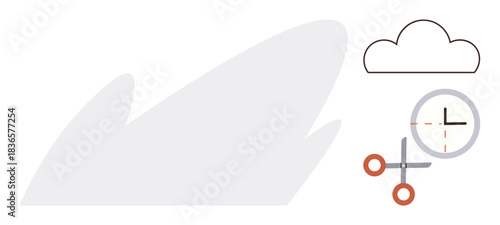 Cloud outline, clock with dotted lines, and scissors illustrate data management, time efficiency, and precision. Ideal for productivity, technology, scheduling, creativity organization minimalism