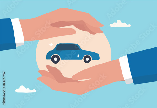 Car insurance or automobile protection, vehicle safety guard or assurance cover for transportation accident, security shield concept, businessman hand gently cover car metaphor of car insurance