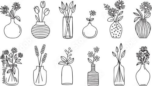 Floral collection line art in decorative vases and glass jars