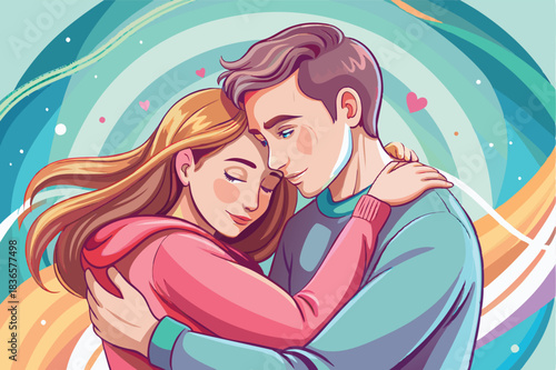 a couple embracing in a warm hug soft pastel background
