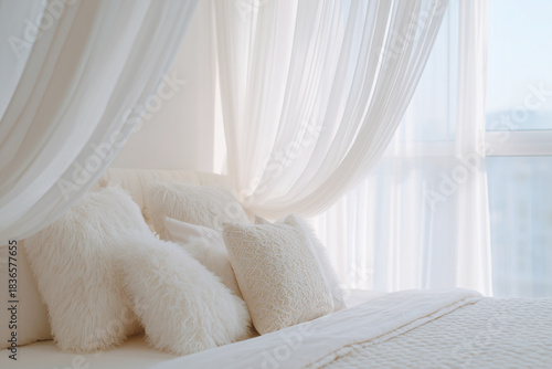 Wallpaper Mural 2026 color trend. Modern interior featuring a cozy bed adorned with cloud-like pillows and soft draped curtains, creating a serene and inviting atmosphere for relaxation Torontodigital.ca