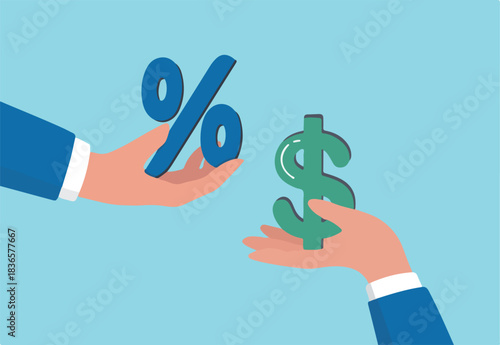 Investment profit earnings, interest rate or dividends percentage, offer discount or sale, income tax or make money concept, businessman hand offer percentage sign with other giving dollar money