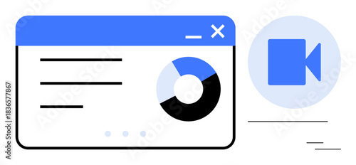 Remote communication, video conferencing, teamwork, data analysis, workplace presentations, technology. Digital interface with a chart and a camera icon. Remote communication and video conferencing
