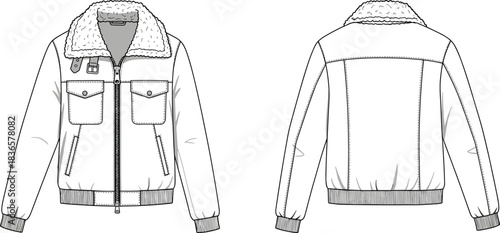 Shearling collar jacket, front and back technical fashion sketch, winter outerwear design, garment construction details, apparel template style, cad drawing flat vector illustration