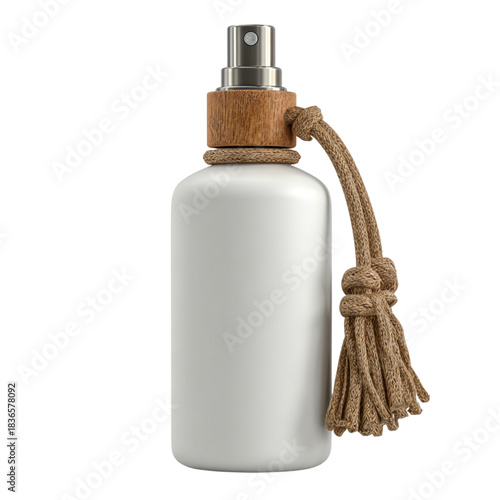 White Cylindrical Bottle with Wood Accent and Rope Tassel on Transparent Background isolated on a transparent background