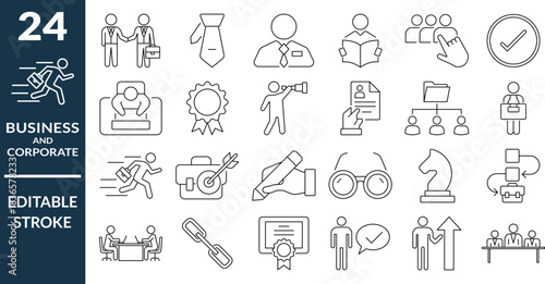 Business and Corporate Editable Line Icons Set.Strategy, Management, and HR Outline Symbols, Agreement, and Teamwork Outline Icons, Professional Career Vector Icons