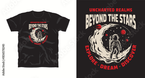 Uncharted realms t-shirt design with astronaut and moon vector