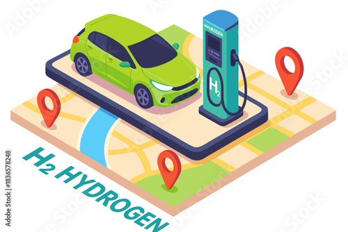 Drive the future a modern green hydrogen car refueling on a map for innovative transport design and clean energy solutions