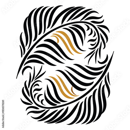 Swirling Feathers Black, Gold Accents, Abstract Design, Ornate Pattern, Isolated White
