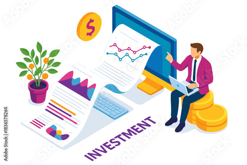 A businessman analyzing investment data on a computer with financial reports and a plant nearby