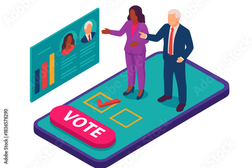 Diverse candidates engaging voters online using a mobile election app for secure digital democracy and civic participation