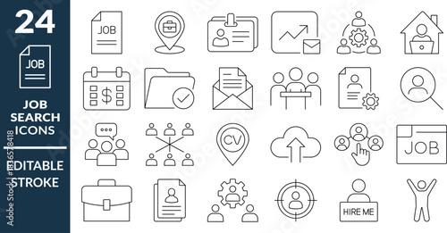 ob Search, Hiring, and Employment Icons. Editable Stroke, Thin Line Icons, Job Hunting, Recruitment, Headhunting, Remote Work, and Personnel Management Symbols